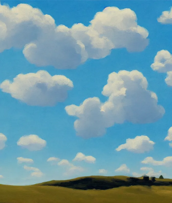 Prompt: baby blue sky with very aesthetic stylized puffy clouds, in the style of edward hopper, very fine brushstrokes, 4 k,