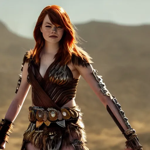 Image similar to full photo of emma stone as an amazon warrior with weapons