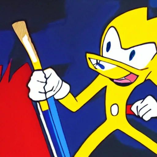 Prompt: super sonic wearing a wooden mask with a smile on it and wielding a bow and arrow, drawn by ian flynn