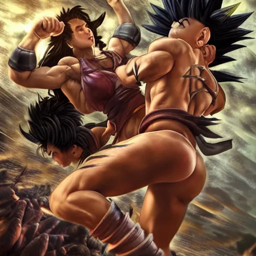 Prompt: fistfight, warrior girl, muscular girl, wild spiky black saiyan hair, long spiky hair, electrified hair, fistfighting demons, goblins, ultra realistic, intricate details, highly detailed, subsurface scattering, photorealistic, octane render, 8 k, art by artgerm, greg rutkowski, magali villeneuve, alphonse mucha