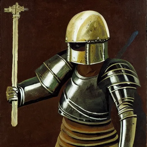 Image similar to medieval armored knight with only one arm and with a bucket on his head, painting