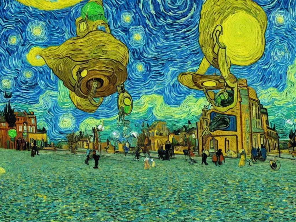 Prompt: bright beautiful oil painting of flying saucer abducting van gogh from arles france with a glowing green light, light scatter, van gogh