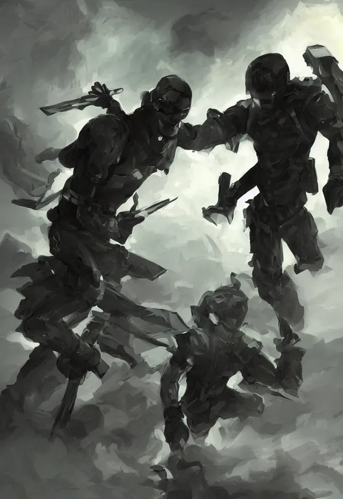 Image similar to digital art, android soldier fighting shadow demon