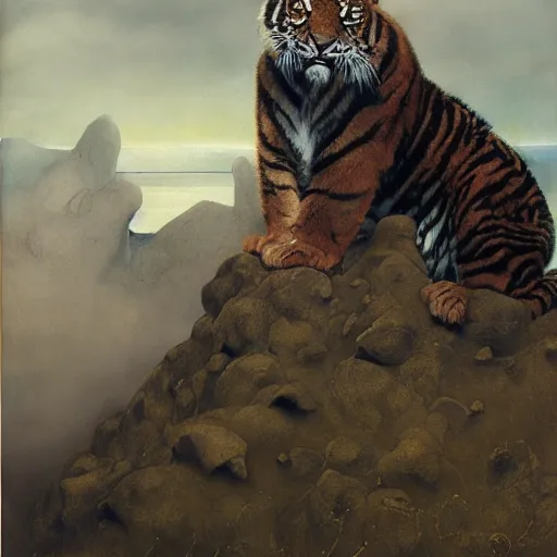 Prompt: Portrait Portrait of Pootie Tang the tiger emerging from poofy tigerskin coat whilst standing atop a cloud-covered mountain peak dan witz paul klee andrew wyeth tom bagshaw stanton feng bastien lecouffe-deharme tombow oil painting