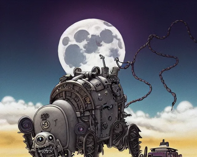Image similar to a mechanical drawing of a grey lovecraftian mechanized wolf from howl's moving castle ( 2 0 0 4 ), with a big head, on a desert road, wide shot, in front of a big moon, muted colors, post grunge, studio ghibli, wlop, by james jean, victor ngai, hq, deviantart, art by artgem
