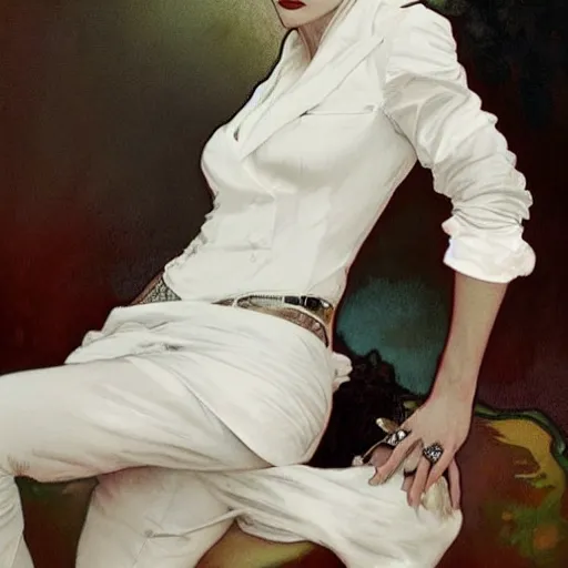 Image similar to beautiful portrait of androgynous ruby rose as desire from sandman in a white tuxedo!!!, rockabilly style, by alphonse mucha, cedric peyravernay, by jeremy mann, by frank moth, white suit and black tie, soft lightning, high detailed, 8 k