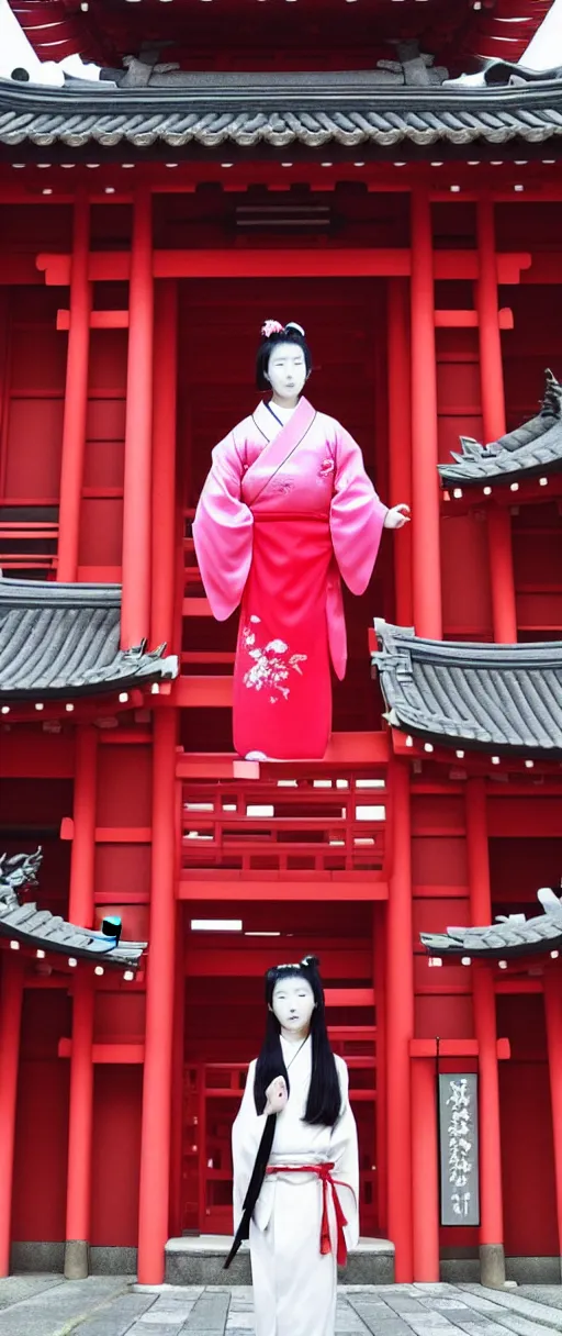 Prompt: Japanese fantasy art, buildings, old japanese architecture, red, white, pink, black, woman,