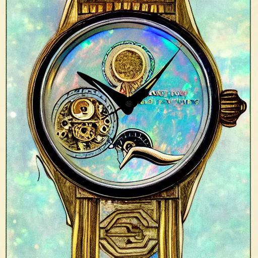 Prompt: detailed illustration of celestial watch from the far future with infinite dials, mother of pearl opal, year 2 5 0 0, style of norman rockwell