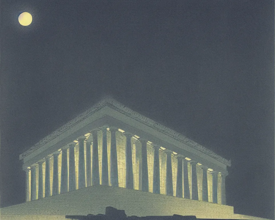 Image similar to beautiful print of the Lincoln Memorial bathed in moonlight by Hasui Kawase and Lyonel Feininger.