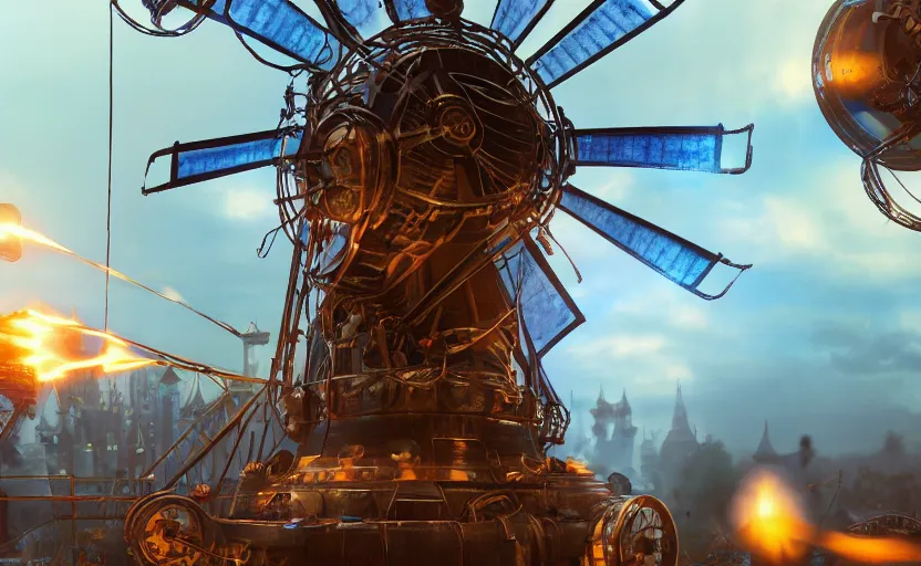 Image similar to a steampunk windmill, zoomed in, spinning fast, robot, blue fire, electricity lightning, concept art, sharp focus, intricate details, very high details, photorealistic, disney pixar, octane render, iridescent, anime, 8 k