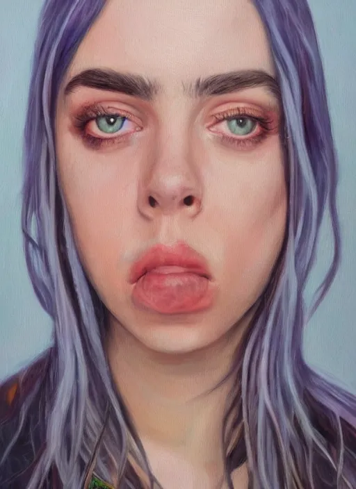 Image similar to realistic oil painting highly detailed billie eilish looking at you, dark background