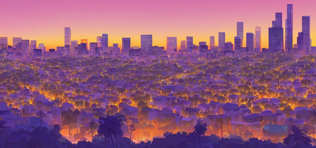 Prompt: visual development of los angeles skyline cityscape at dusk by lou romano, pixar disney dreamworks sony animation