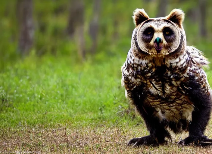 Prompt: an award winning photo of a owl - headed bear, very very bear, bear walking on all fours, full body portrait, forest, 4 k, wildlife photography, high quality, national geographic