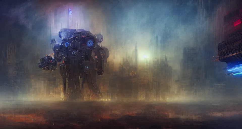 Image similar to Mech robot city. By Joseph Mallord William Turner, fractal flame, highly detailded