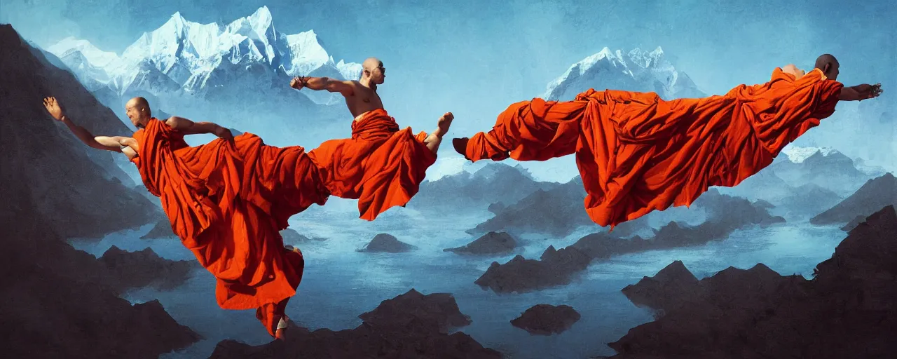Prompt: a tibetan monk flying over himalaya mountains lake in weightlessness in liquid traditional orange cloth. a lot of flying red fabric around, sky and cloth fabric reflected in blue lake water. dark background. illustration by craig mullins, yoji shinkawa, trending on artstation, peter mohrbacher, hyper detailed, intricate, elite, ornate,