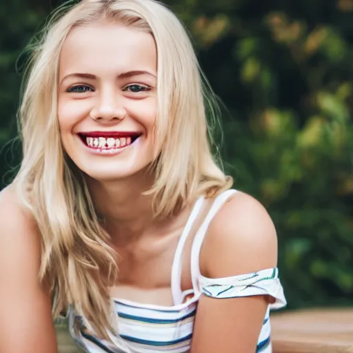 Prompt: photo of cute blonde girl smiling with braces