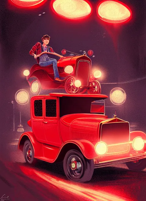 Image similar to teenage archie andrews, in a red ford model t, intricate, elegant, glowing lights, highly detailed, digital painting, artstation, sharp focus, illustration, art by wlop, mars ravelo and greg rutkowski