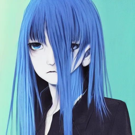 Image similar to high contrast photo of rimuru tempest, sky blue straight hair, bangs, with amber eyes, wearing a black jacket, high collar, ultra detailed, brush strokes, skin texture, digital painting, cinematic, wlop, pixiv, eerie, scary, intimidating glare, evil, junji ito, yoshitaka amano