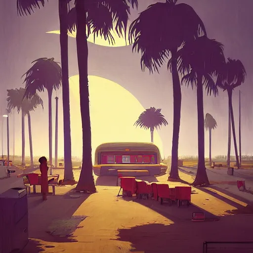 Image similar to inside diner at the beach and palm trees by simon stalenhag