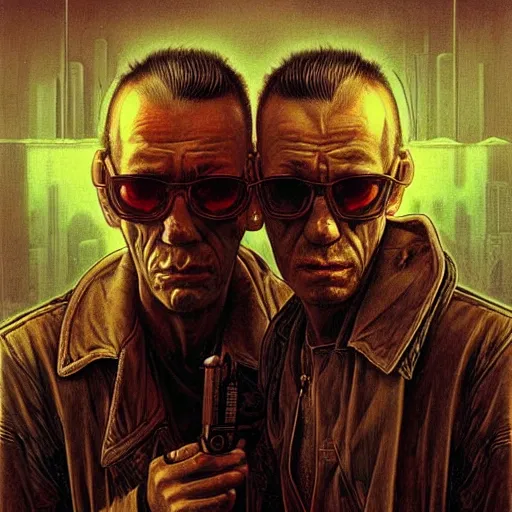 Image similar to cyberpunk sonny barger and hunter thompson by beksinski and tristan eaton, dark neon trimmed beautiful dystopian digital art