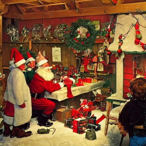 Image similar to santa's workshop at the north pole with elves working on toys and reindeer in the background, norman rockwell, warm colors, high detail, vintage