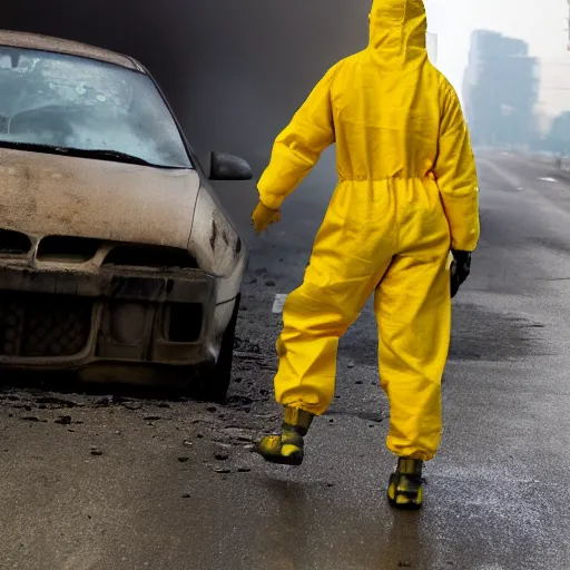 Prompt: a photo of a female wearing a hazmat suit, riding a bike, side-view, smoke in the background, filthy streets, broken cars. Vines growing. Jpeg artifacts. Full-color photo. Color color color color color. Award-winning photo. OM system 12–40mm PRO II 40mm, 1/100 sec, f/2 8, ISO 800