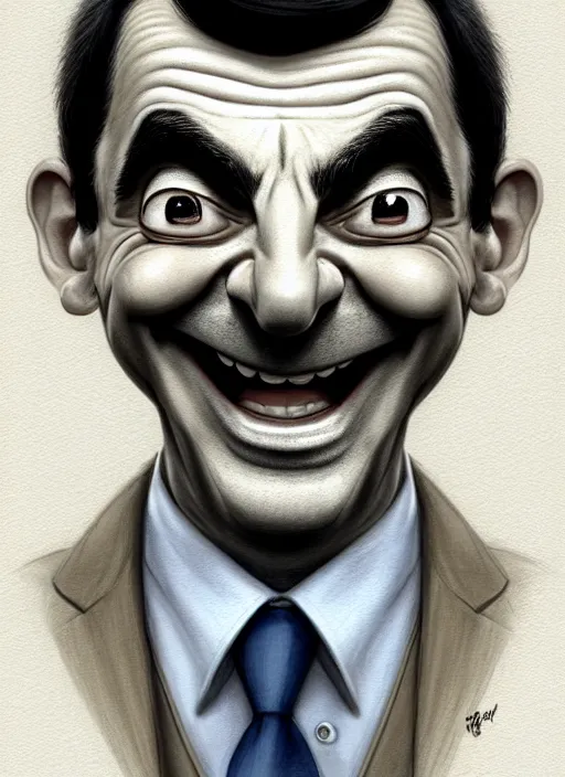Prompt: highly detailed pencil sketch caricature portrait of smiling mr bean waiter by ross tran, by greg rutkowski, brush strokes, 4 k resolution, light blue pastel background
