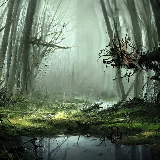 Image similar to concept art of abandoned skull, trees, puddles of water, bushes and leafs, by filip hoda