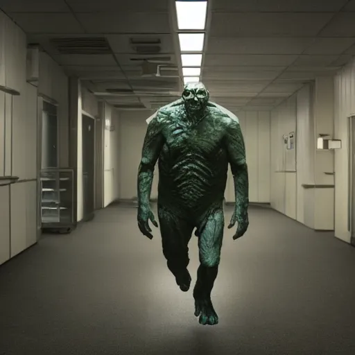 Image similar to sci - fi movie still frame, skinned monster in hi - tech corridor, photorealistic