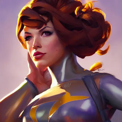 Image similar to greg manchess portrait painting of april o'neil as overwatch character, medium shot, asymmetrical, profile picture, organic painting, sunny day, matte painting, bold shapes, hard edges, street art, trending on artstation, by huang guangjian and gil elvgren and sachin teng