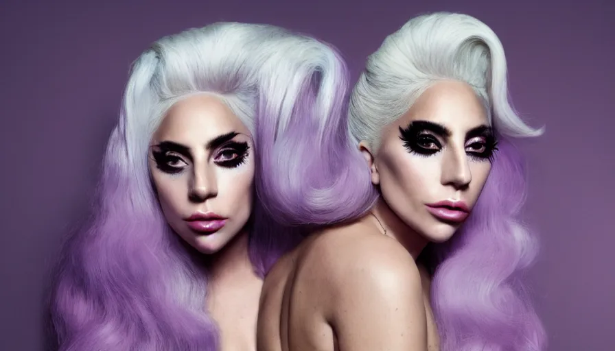 Prompt: lady gaga with long white hair , an album cover by Hedi Xandt, featured on vanity fair, holography, smokey background, matte background, seapunk High resolution. Highly detailed. Dramatic. 8k.4k.