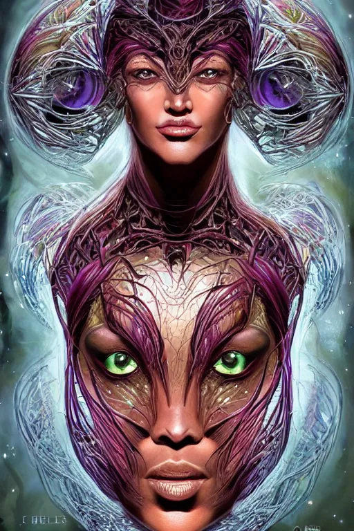 Image similar to beautiful and exotic and other-worldly alien queen bust portrait, sparkling eyes + frontal declotage with thick flowing hair, perfectly symmetrical facial features and muscle anatomy, ultradetailed art and illustration by bill sienkiewicz and chris bachalo and travis charest and chris achilleos, fantasy, intricate complexity, scientific human structure, accurate human anatomy, fantasy character concept, mixed media, watercolor, bleed, hyperrealism 8k