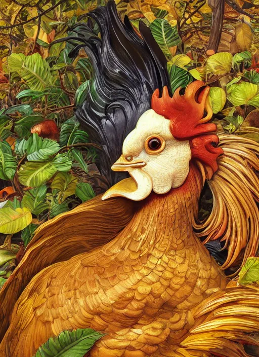 Image similar to masterpiece beautiful seductive flowing curves rooster portrait amongst leaves, extreme close up shot, thick set features, yellow ochre ornate medieval dress, laying amongst foliage mushroom forest circle arch, frederic leighton and kilian eng and rosetti, 4 k