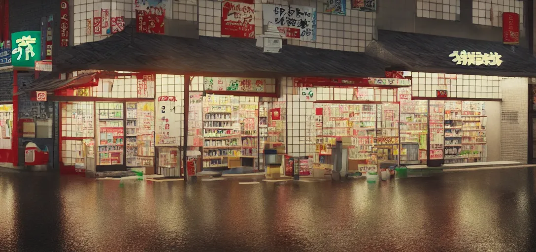 Image similar to photo of a japanese convenience store at night in the rain on side of highway, rendered in octane, highly detailed, award winning