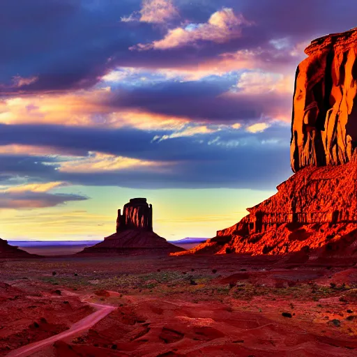 Prompt: photo of monument valley as the sun is setting, deep focus, highly detailled, 8 k uhd, award - winning photography, moody setting