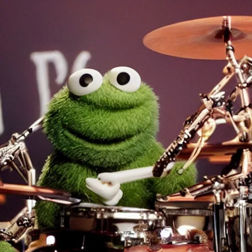 Image similar to !dream a beautiful photo of Phil Collins as a Muppet, playing drums,