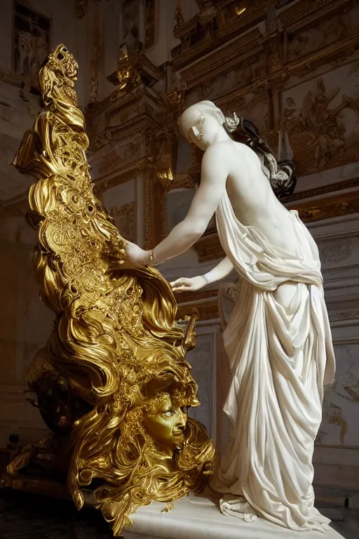 Image similar to marble sculpture of a woman programming the samsara computer, hi tech, dramatic lighting, stunning, visionary, hyper realistic, beautiful, wow, gilt metal, rich marbles, by gian lorenzo bernini, by jean delville, sharp