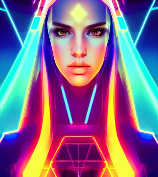 Image similar to symmetry!! latin princess of technology, solid cube of light, hard edges, product render retro - futuristic poster scifi, lasers and neon circuits, beautiful woman latin princess, intricate, elegant, highly detailed, digital painting, artstation, concept art, smooth, sharp focus, illustration, dreamlike, art by artgerm