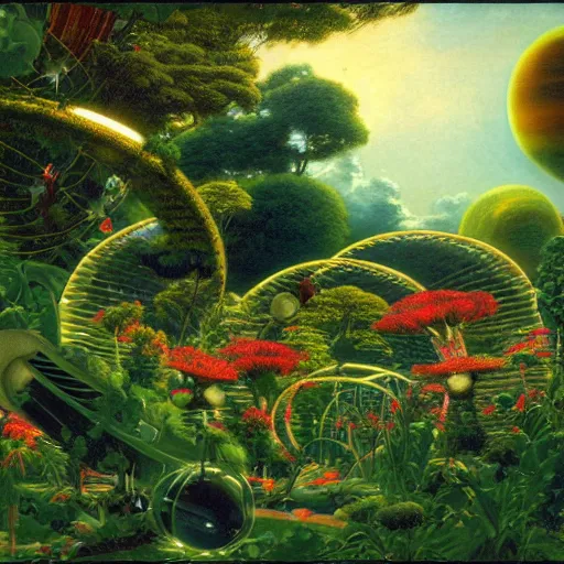 Image similar to a garden in orbit around saturn, 8 k, lowbrow, in the style of martin johnson heade, roger dean and h. r. giger,