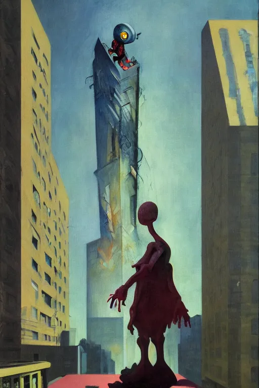 Image similar to evil human giant baby with a robot arm in a diaper is taller than office buildings, goes destroying buildings under his feet, hauntingly surreal, highly detailed painting by francis bacon, edward hopper, adrian ghenie, gerhard richter, and james jean soft light 4 k,