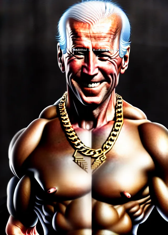 Prompt: super muscular joe biden wearing cycling shorts and gold chains walking on water, elegant, real life skin, intricate, high detailed, artstation, concept art, smooth, sharp focus, art by artgerm and greg rutkowski