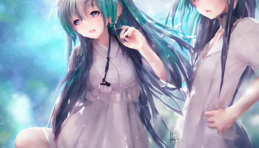 Image similar to cute anime girl by wlop, detailed eyes, heterochromia, bright eyes, full body shot, wide angle, posing, happy expression, short minidress, light clothing, light rain, hyper real, detailed digital art, hatsune miku, photorealistic