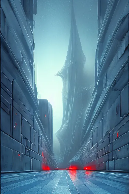 Image similar to emissary futuristic downtown with red street lamps, windows lit, marble, by tim blandin and arthur haas and bruce pennington and john schoenherr, cinematic matte painting, zaha hadid building, photo realism, dark moody color palate, blue hour stars, desolate glacial landscape,