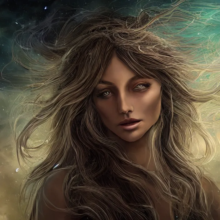 Image similar to beautiful celestial woman with long hair wrapping downward around earth seen for space, hyper-detailed, smooth, sharp focus, depth map, digital painting, apocalyptic art, fantasy dark art, 4k ultra hd, cinematic