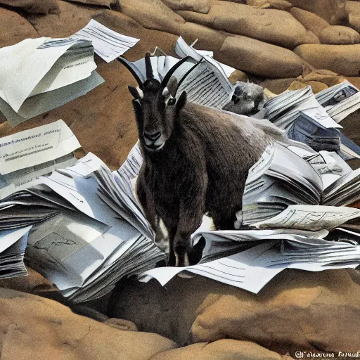 Prompt: a mountain goat munching from a heap of papers, highly detailed, composition, atmospheric