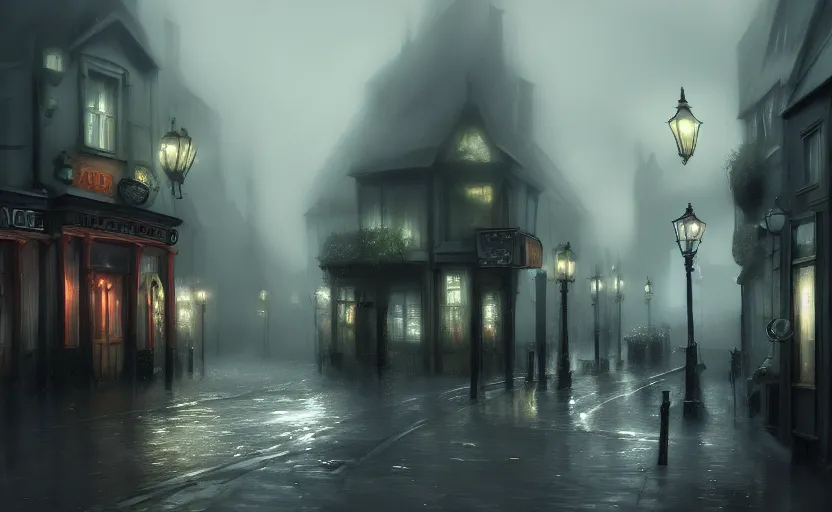 Prompt: extreme long shot concept art depicted rainy old england town, dramatic mood, cozy environment, inspired by legends of runeterra, trending on artstation, unreal engine