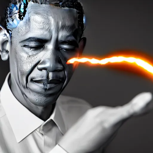 Image similar to Obama casting a powerful magic Spell with electricity in the air, Videogame, 40nm lens, shallow depth of field, split lighting