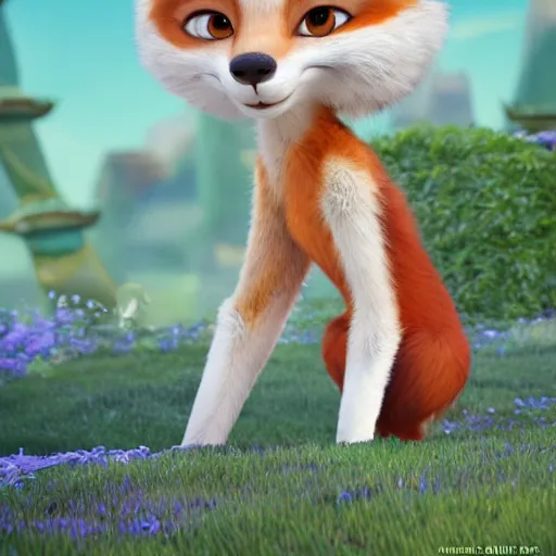 Image similar to anthropomorphic female fox with short white fur covering her body in the style of zootopia