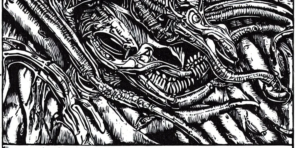 Prompt: alien xenomorph in the style of HR Giger, woodcut, movie scene