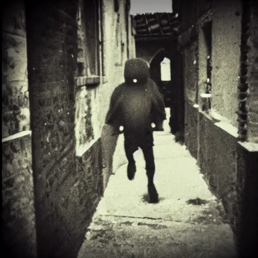 Image similar to creepy monster hiding in alleyway. found footage.